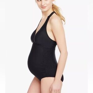 Motherhood Beach Bump Maternity Swimsuit Black Large Ruched Halter One Piece
